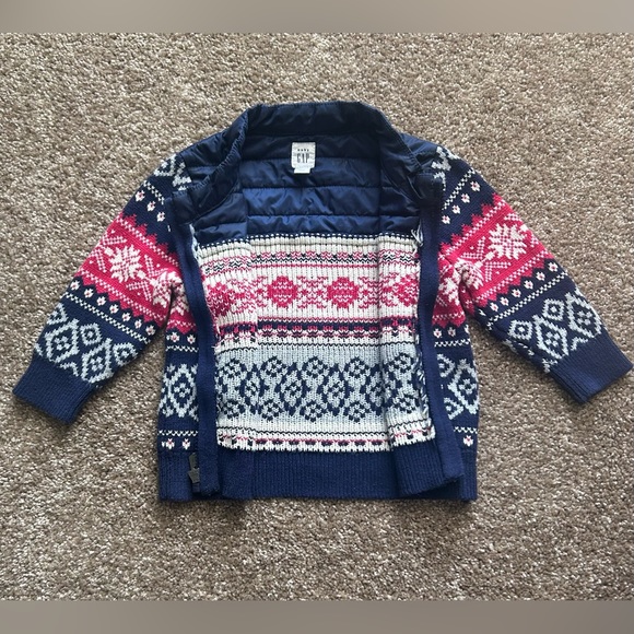Baby GAP Blue Red Knit Fair Isle Puffer Winter Jacket Coat Sz 12-18mo - Picture 2 of 6